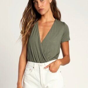 Lulus Olive Green V Neck Cross Over Body Suit Top Size XL